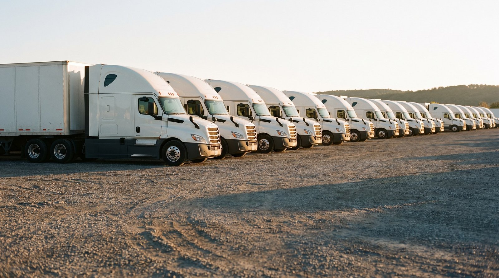 Mega Fleet company trucks lined up at the yard